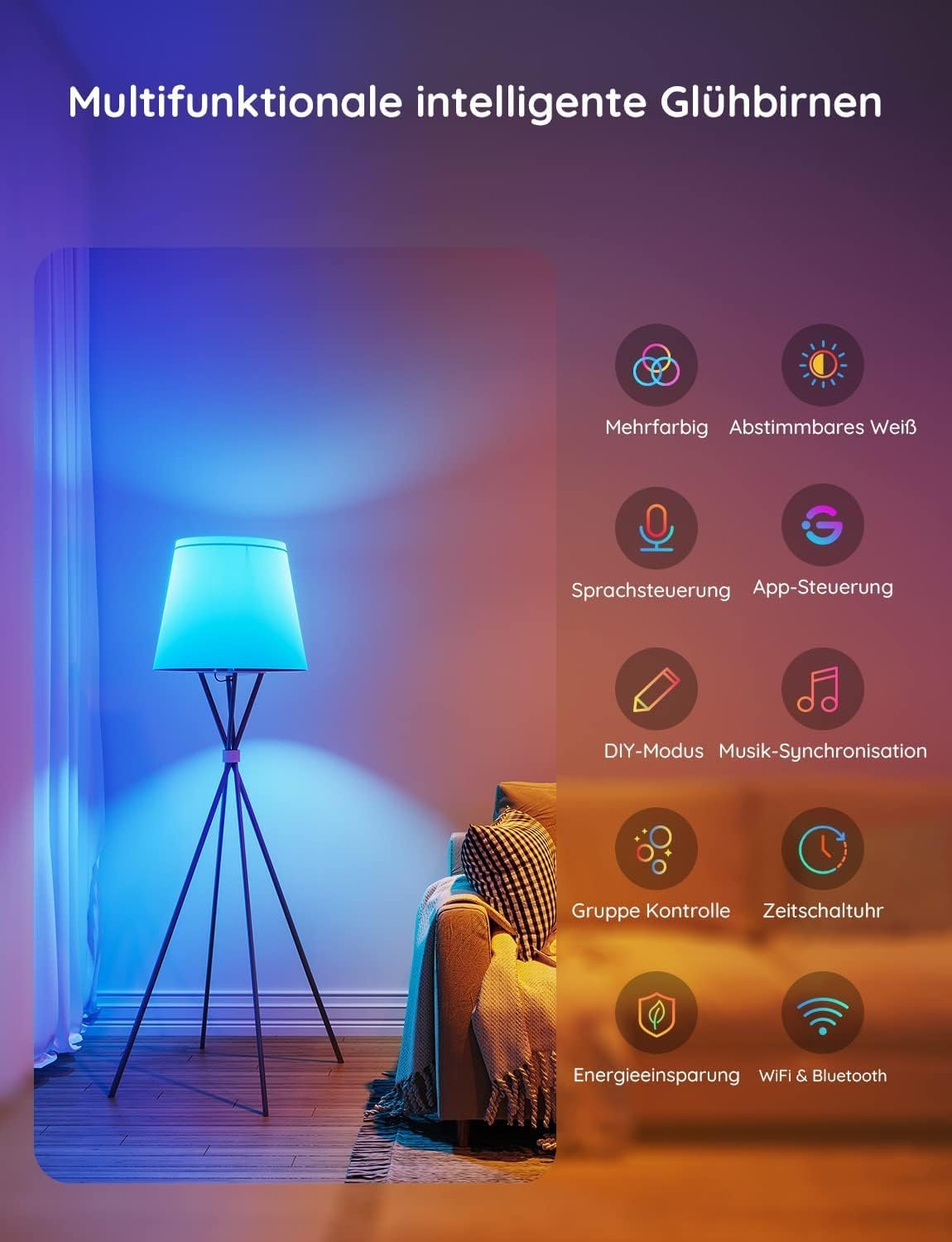 Govee Smart Glühbirne E27, Wlan Lampe Rgbww Dimmbare Mit 16 Milles Farben, Smart Bulb Muiksync, 54 Szenen, App und Sprachsteuerung, LED Lampe Funktionierer Mit Alexa Google Assistent, 1 Stücker – Bild 5