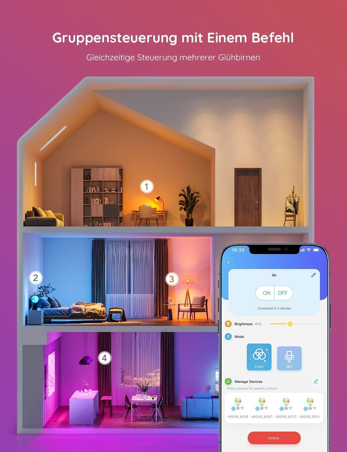 Govee Smart Glühbirne E27, Wlan Lampe Rgbww Dimmbare Mit 16 Milles Farben, Smart Bulb Muiksync, 54 Szenen, App und Sprachsteuerung, LED Lampe Funktionierer Mit Alexa Google Assistent, 1 Stücker – Bild 6