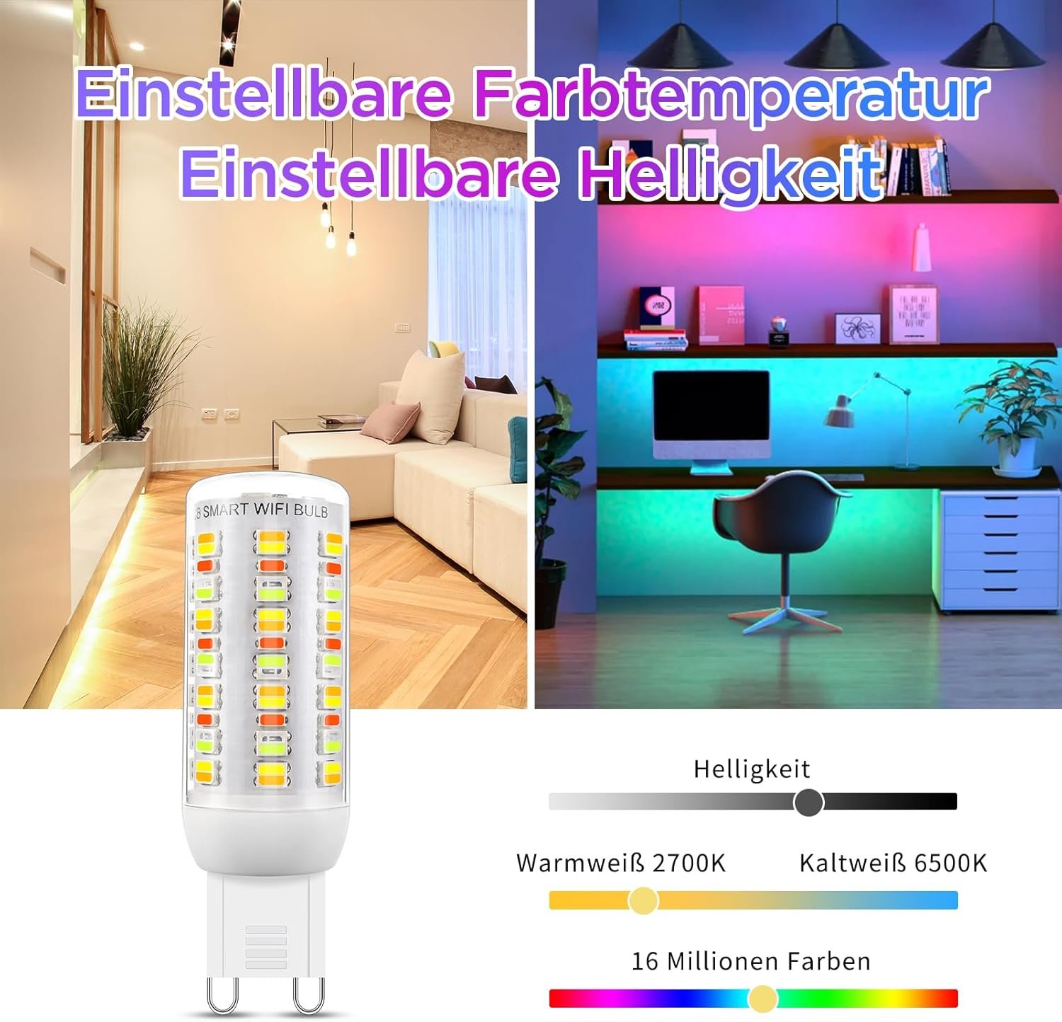 Wi-Fi RGBCW Smart G9 LED Lampen, Kompatibel mit Alexa /Google Home, AC 230V Mehrfarbary Dimmbare, 2700K-6500K, Helligkeit Einstellbar 1%-100%, 4W, 400LM, MIT MUSIKSYNCHRONISIATION LED LED LED Glüsbarne, 2er Pack – Bild 5