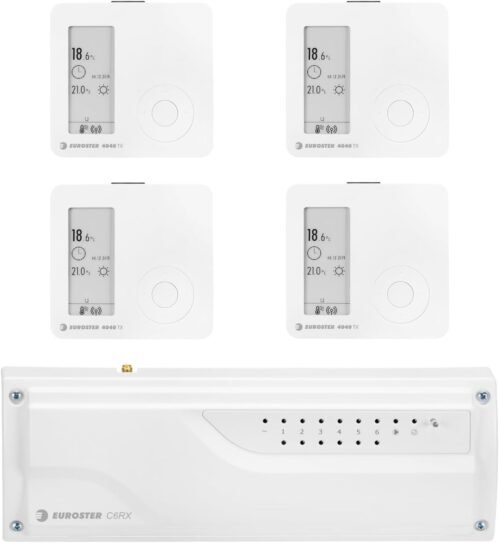 Euroster Funk Fußbodenheizungssteuerung für 4 Räume. Inhalation: Steuerungsmodul für 230 V Stellantriebe (NC) und 4 Batteriebetrieben Funk-wandthermostat-Weiß