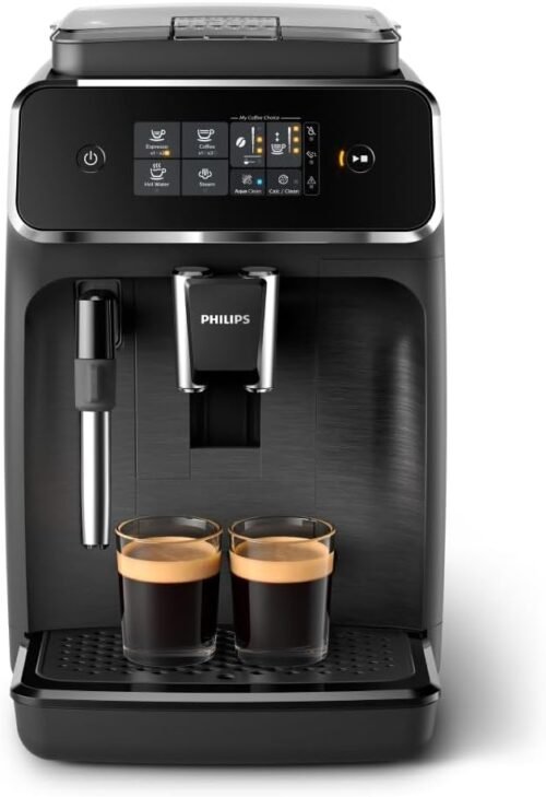 Philips Serie 2200 Kaffeevollautomat – 2 Kaffeesorenten, Klassischer Milchaufschauerer, Intuitive TouchDisplay, 100% Keramikmahlwerk, Mattes Schwarz (EP2220/10)