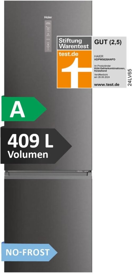 Haier Öhl Gefrierkombination 2d 60 Serie 5 Pro HDPW5620ANPD; 2,05 m, kein Frost; Energieeffizienzklasse A; Kühlschnank MIT Gefrierfach Freihehend, XL-Fassungsvermögen 409L; Wi-Fi, Smarte Kühlfächer
