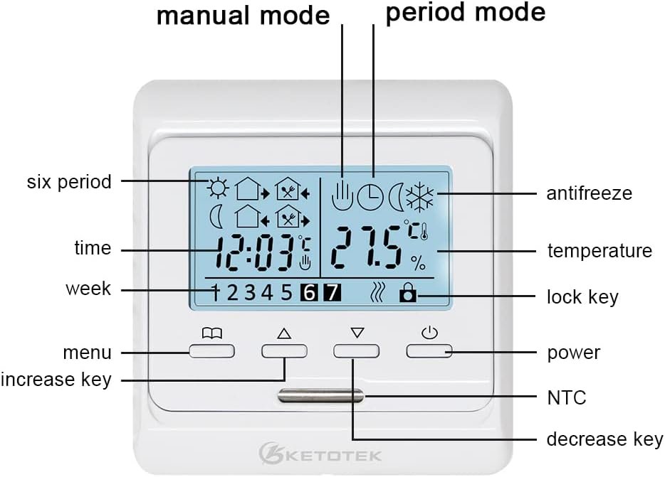 Ketotek Digital Thermostat fussbodenheizung elektisch programmierbar unterputz Mit Fuhler AC 230V 16A, Raumthermostat Elektiertisch Fußbodenheizung Regler Weiß – Bild 6