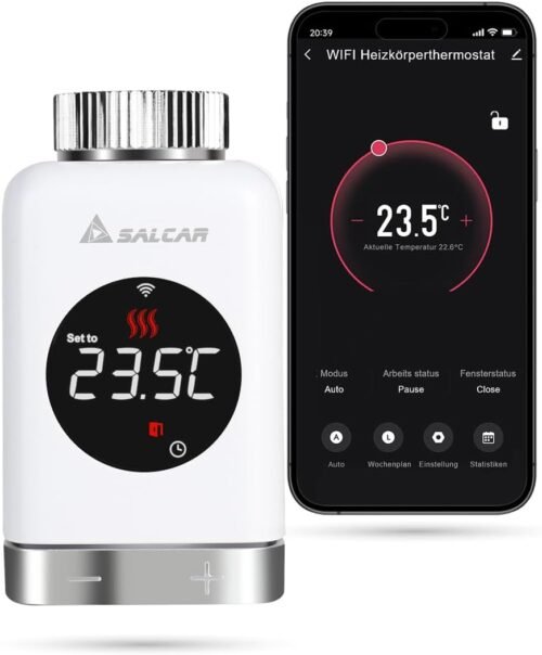 Salcar Heizkörperthermostat TRV801W Thermostat Heizung Smart LCD Wifi Thermostat Kompatibel Mit Amazon Alexa & Google Home Heizungsthermostat Tuya Smartes Heizkörper, Kein Gateway Erforderlich