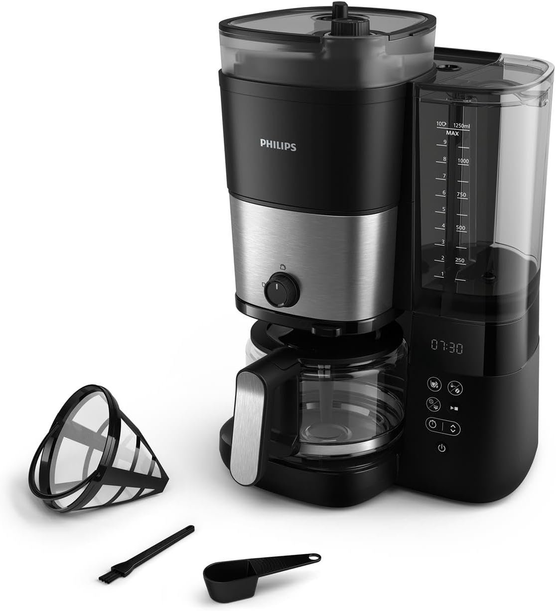 Philips All-in-1 Filterkaffeeemaschine-Integrieres Kegelmahlwerk für Frisch Gemahlen Kaffee-Duo-Bohnenbehälter, 1,25-L-Glaskanne, Individuelluellle Einstellung der Intensität (HD7900/50)