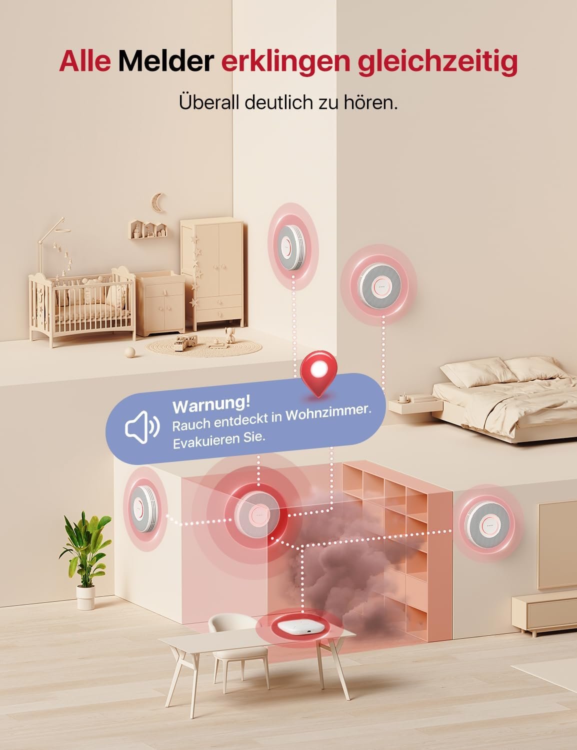 X-sense intelligenter Rauchmelder Wlan MIT Sprachausgabe und 17 Standoren, Feumelder, Rauchmelder Vernnettzt, 33 mm, Brandmelder MIT SBS50 Basistation, XS0B-MR31, 3 Stückk – Bild 3