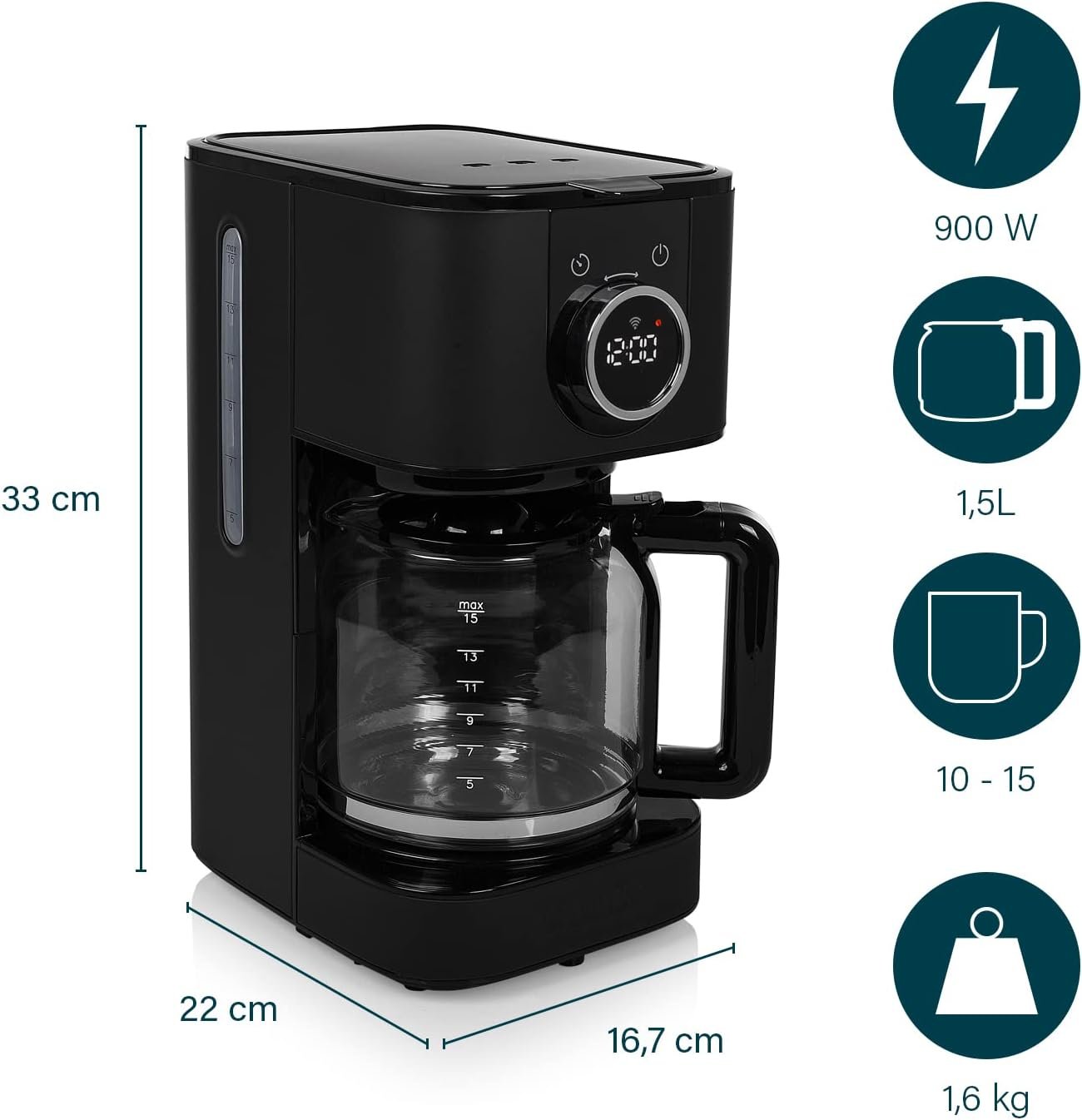 Edle Edelstahl Kaffeemaschine in Schwarz MIT Wifi -konneKtivität & Timer - Geeignet für 10 bis 15 Tassen – Bild 3
