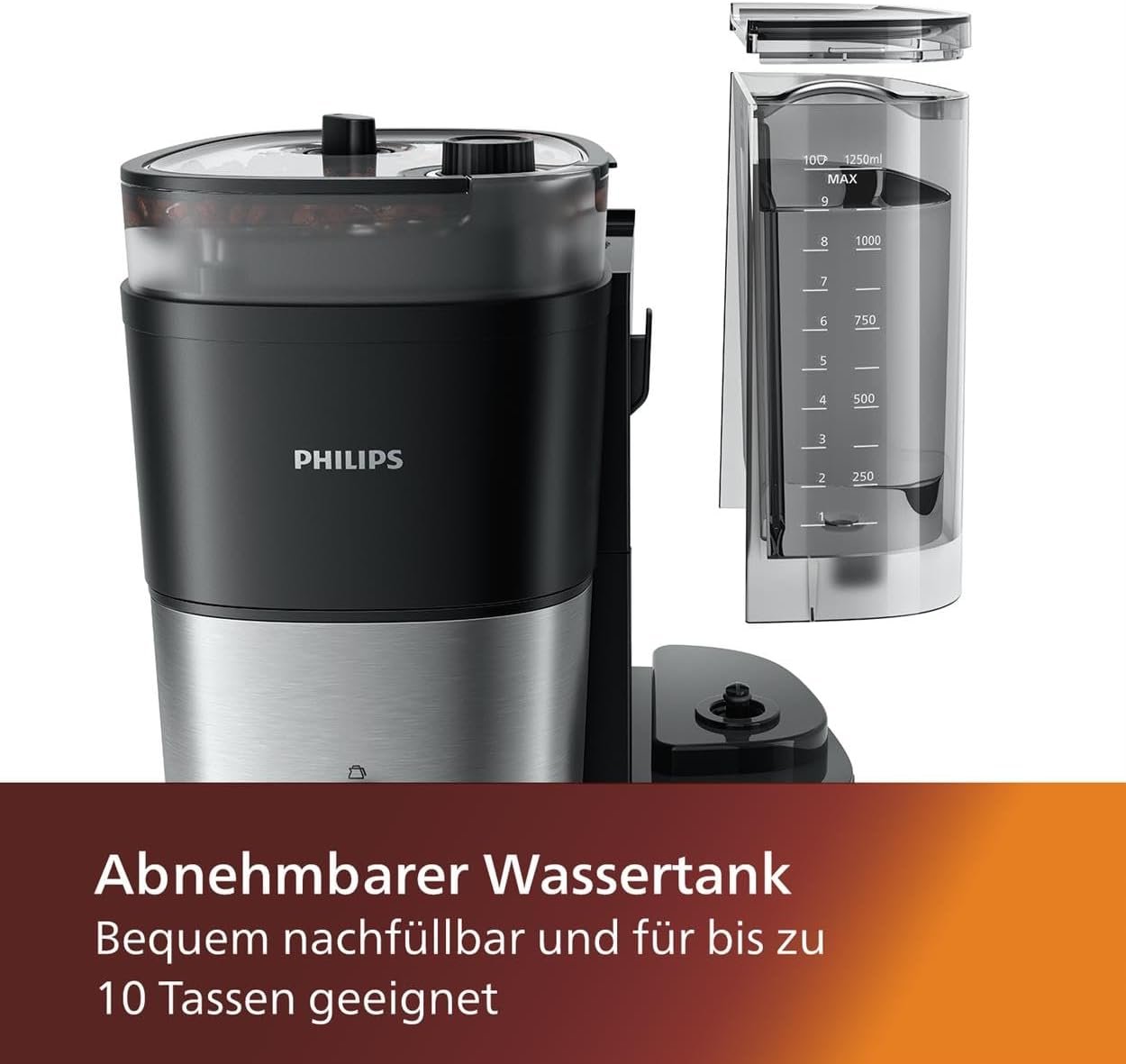 Philips All-in-1 Filterkaffeeemaschine-Integrieres Kegelmahlwerk für Frisch Gemahlen Kaffee-Duo-Bohnenbehälter, 1,25-L-Glaskanne, Individuelluellle Einstellung der Intensität (HD7900/50) – Bild 3