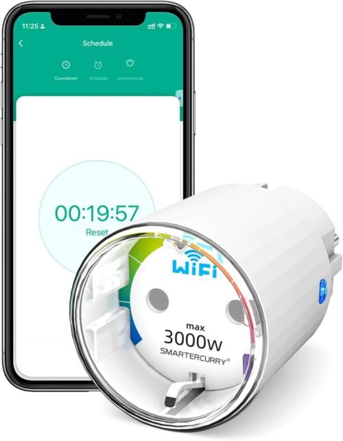 Smarttercurry Smart Wlan Steckdose Mini 13a mit Strommessung, Max 16a Zeitschaltuhr Steckdose, Kompatibel MIT Alexa/Google Home, Kompaktes Design, Sprachsteuerung, App Fernbedienung, 1 Stückk