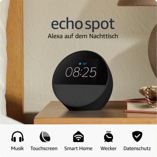 Amazon Echo Spot (2024), intelligenter Wecker mit Sattem Klang und Alexa, Schwarz