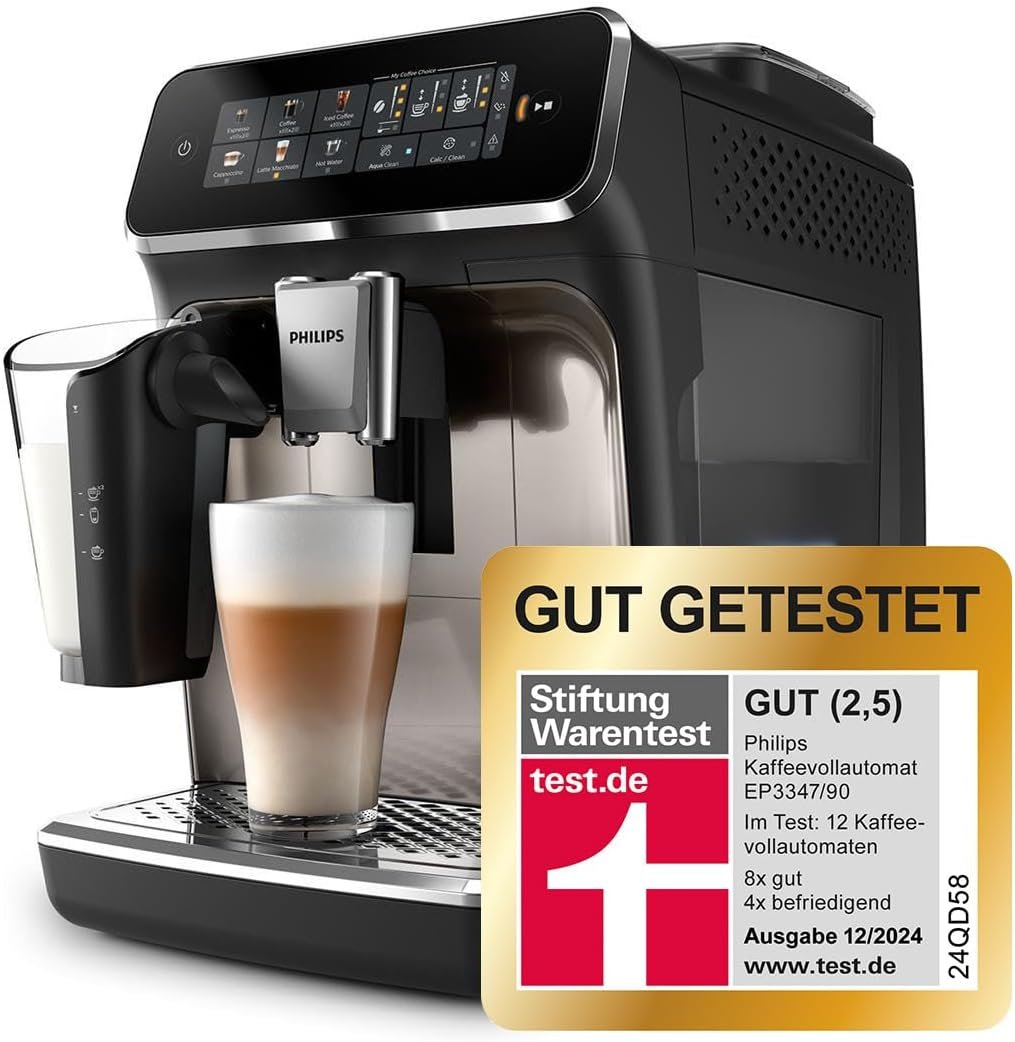 Philips 3300-Serie Kaffeevollautomat-6 GetRänke, Modernes Farb-Touchscreen-Display, Lattego-Milchsystem, Silentbrew, 100% Keramikmahlwerk, Aquaclean-Filter. Schwarzchrom (EP3347/90) – Bild 2