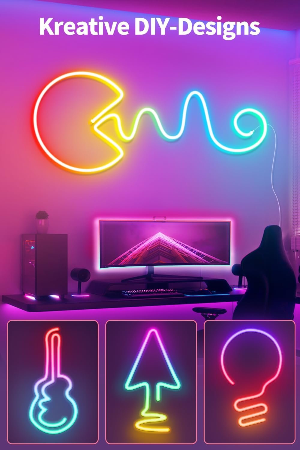 VKH Neon LED Strip 3M, Neon LED Streben MIT App-Steuerung, FunktionTerert MIT Alexa, Diy-Fungion, Musik Sync, Upgrade Neon LED Lichtband für Wohntzimmer, Schlaftzimmer, Wand Deko – Bild 2