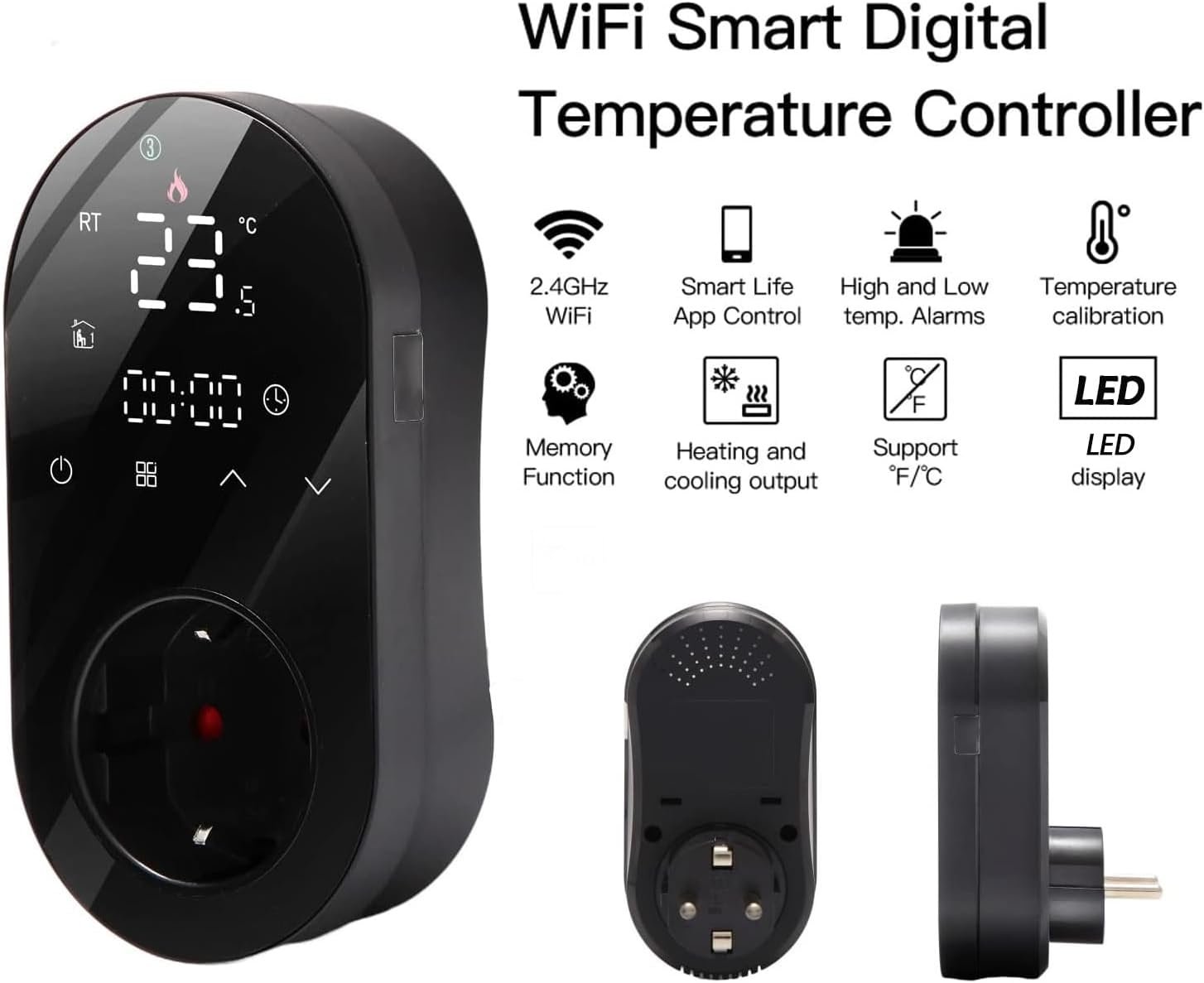 Mincohome Smart Temperatur Controller Outlet WiFi Touchscreen-Plug-in Thermostat-Heizkühlmodus für Dachbodenlüfter/Sumpfkühler/elektrische Unterbodenheizung (Schwarz) – Bild 2