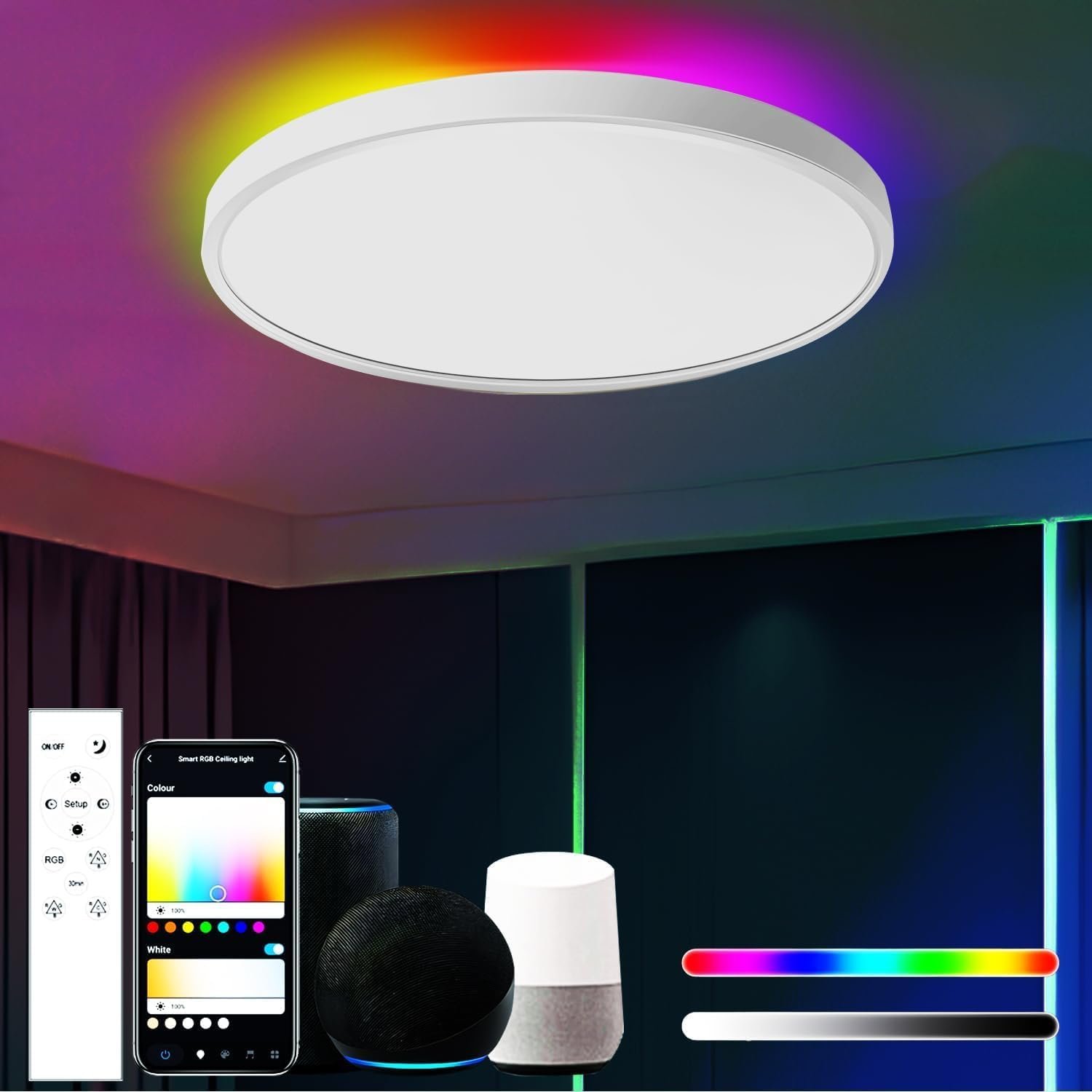 Ourloveii 30W Led Deckenleuchte Smart Home 30cm Rgb Deckenlampe Rund Dimmbar Mit Fernbedienung Mit Steeuerbar über App Farbwechsel Kompatibel Mit Alexa und Google Assistent Wohnzimmer, Weiß