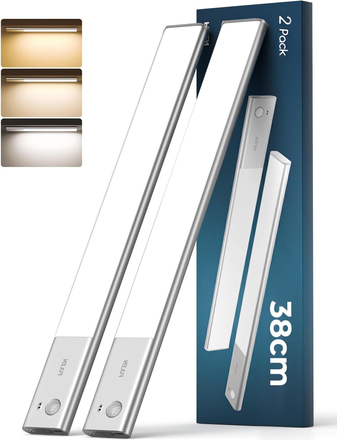 Fulen unterbaumte küche LED, Schrankbeleuchtung Lampe Bewegungsmelder inn, 38 cm LED Licht Kabellos mit Batterie Wiedenerafladbar, Imperdrank Belectung küche, 3 Farbtemperaturen, 2er-Pack