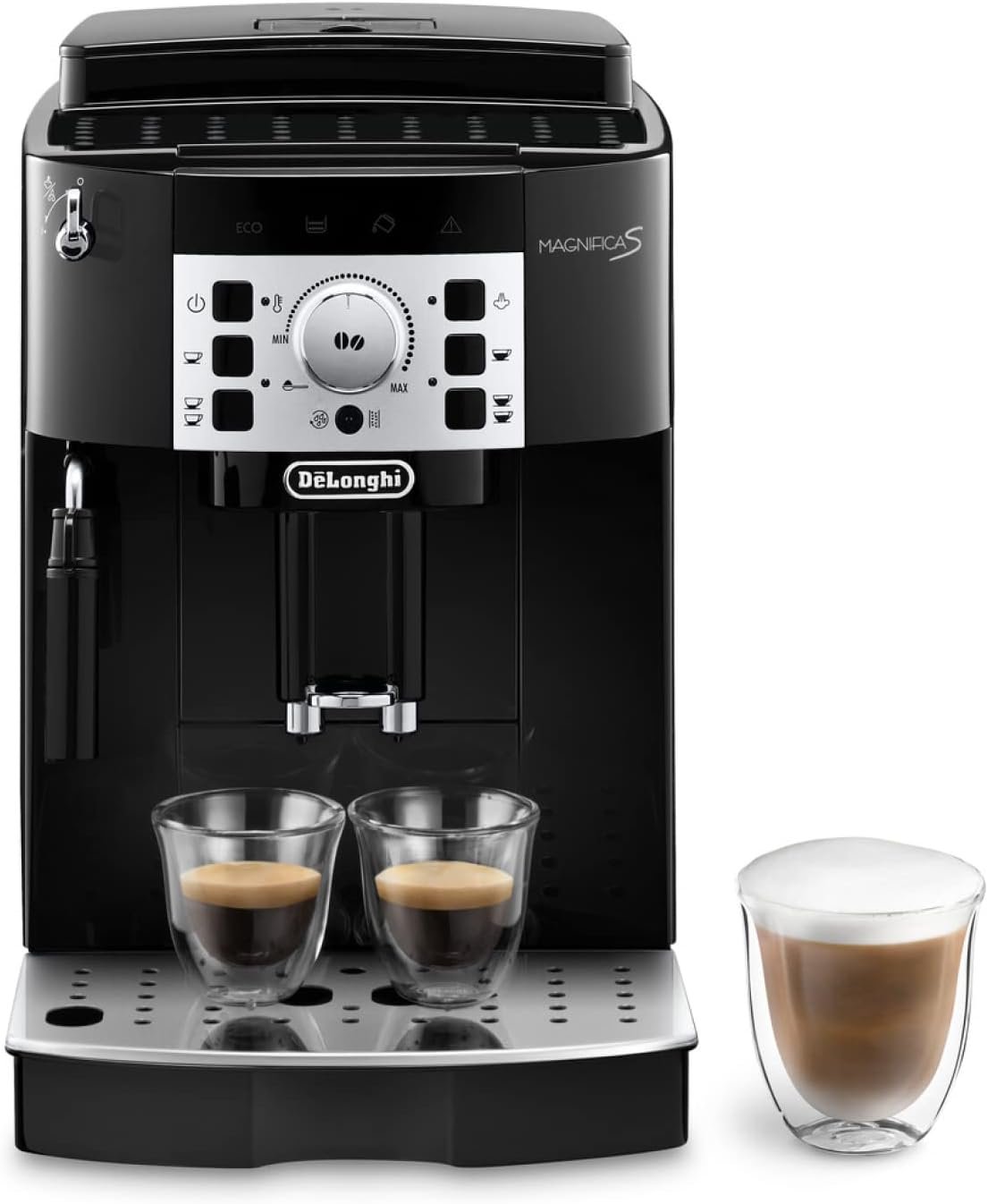 De'longhi Magnifica s ecam 22.110.b Kaffeevollautomat mit Milchaufschämdüse für Cappuccino, MIT Espresso DirektWahtasten und Drehregler, 2-Tassen-Funkion, 1,8 Liter Wassertank, Schwarz/Silber