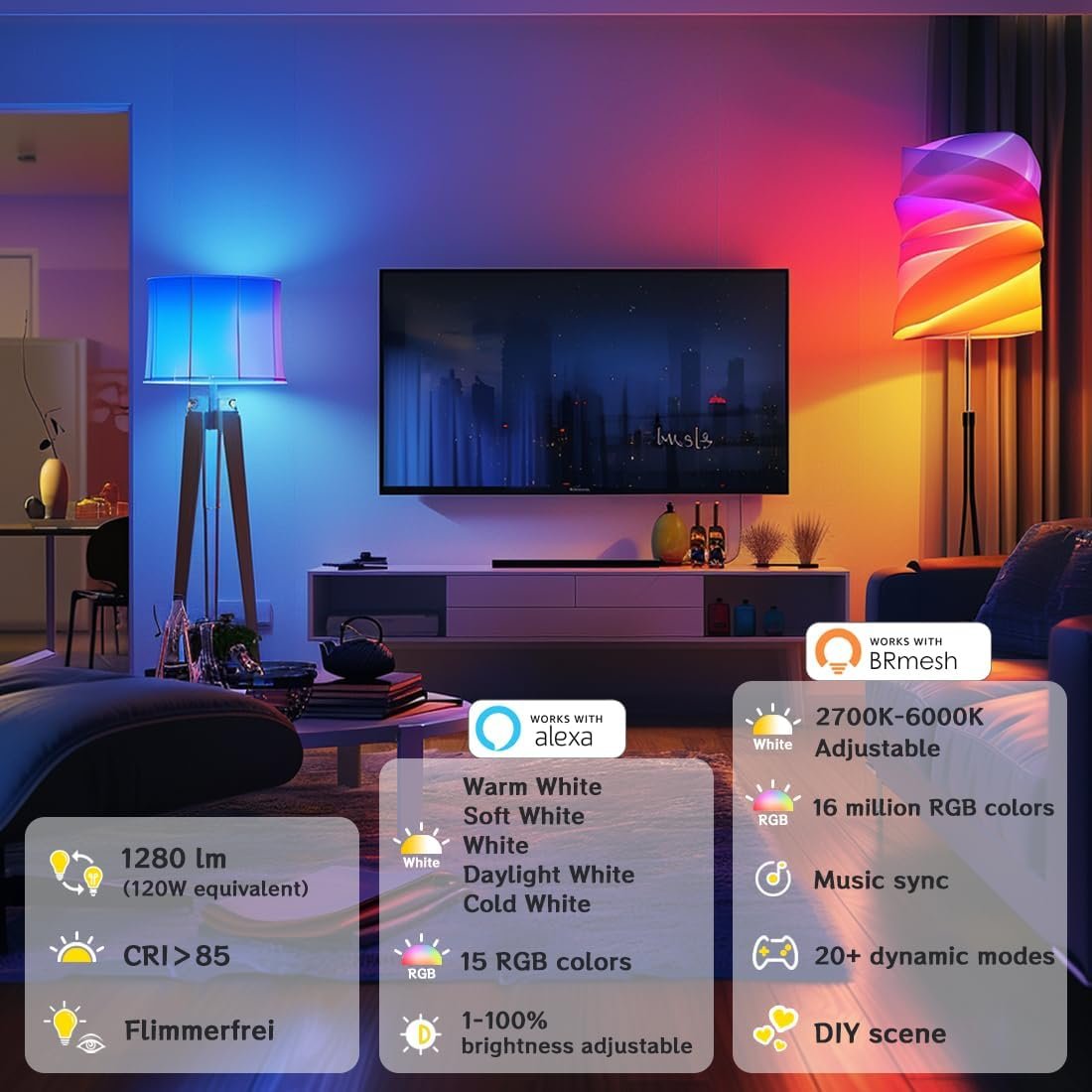 Feigorbib Alexa Smart Glühbirne E27, LED Lampe ersetzt 120W 1280 Lumen, kompatibel mit Alexa, Bluetooth -dimmbarem, warmem weißem, kühlem Weiß und mehrfarbig, kein Hub erforderlich, Pack von 4 – Bild 2