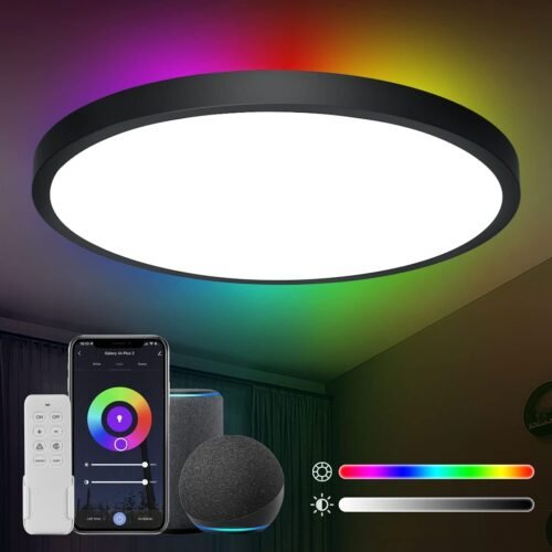 Anten 24W Smart Led Deckenlampe Ø30CM 2800LM RGB Wifi Deckenleuchte mit Fernsteuer-Steuerbar über App Kompatibel Alexa und Google Assistent für Wohnzimmer, Schwarz, (GA300-24W)