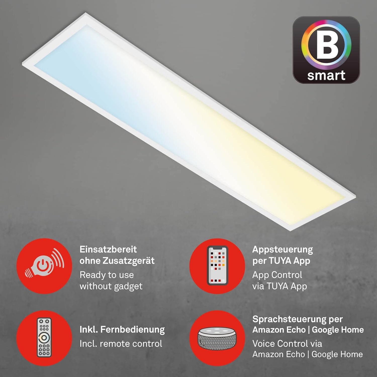 BRILONER - LED Deckenlampe Flach Smart Home, FunktionTerert MIT Alexa, Einstellbar von Warmweiß bis Kaltwei, Lampe, Deckenleuchte, LED -Panel, Wohnzimmerlampe, Schlafzimmerlampe, 100x2x6,6 CM, Wiß, Wiß, Wiß – Bild 5