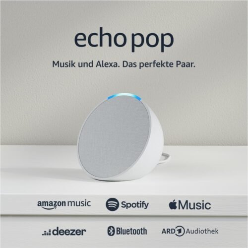 Echo Pop (Neueste Generation) | Kompecher und schlauer Bluetooth-Lautsprecher MIT Vollem Klang und Alexa | Weiß