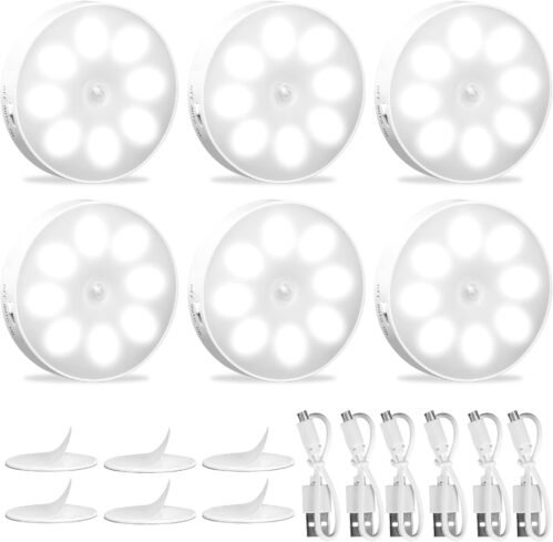 Nachtlicht MIT Bewgungsmelder, 6 Stücker Led Schrankbeleuchtung Treppenbeleuchtung, USB WiedenaLfladbar, 3 Modi Auto/Off, für Flur, Treppe, Schlaftzimmer, Küche, Schrank