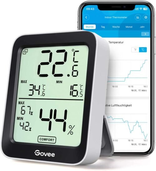Govee Thermometer Hygrometer Innen, LCD Digital Temperatur Luftfeuchtzeitsmesser MIT Benachrichtigungs Alarm, Präzise Thermo-Hygrometer MIT-App, DATENSPEICHERUNG FUR GEWÄCHSHAUS WEINKELLER