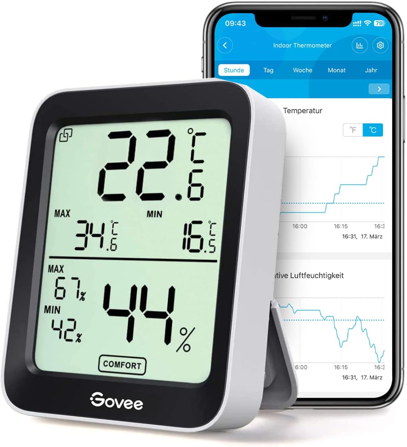 Govee Thermometer Hygrometer Innen, LCD Digital Temperatur Luftfeuchtzeitsmesser MIT Benachrichtigungs Alarm, Präzise Thermo-Hygrometer MIT-App, DATENSPEICHERUNG FUR GEWÄCHSHAUS WEINKELLER