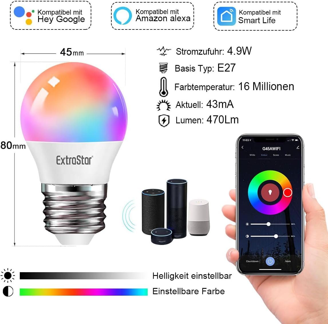 Extrastar Smart Glühbirne E27 G45, Alexa Led Wifi Lampe 2700K-6500K, 4,9W 470LM 16 MILEN FARBEN WLAN DIMMBAR GLuhbirne, Rgb Birne Kompatibel Mit Alexa, Google Home, 2 Stückk – Bild 2