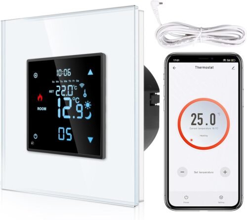 Cnbingo Smart Thermostat Interputz MIT Frotler, Digitaler Raumthermostat für Wasser Fußbodenheizungen und Kessel, Kompatibel Mit Alexa und Google Assistent, Sprachsteuerung, Weiß Mitglasrahmen