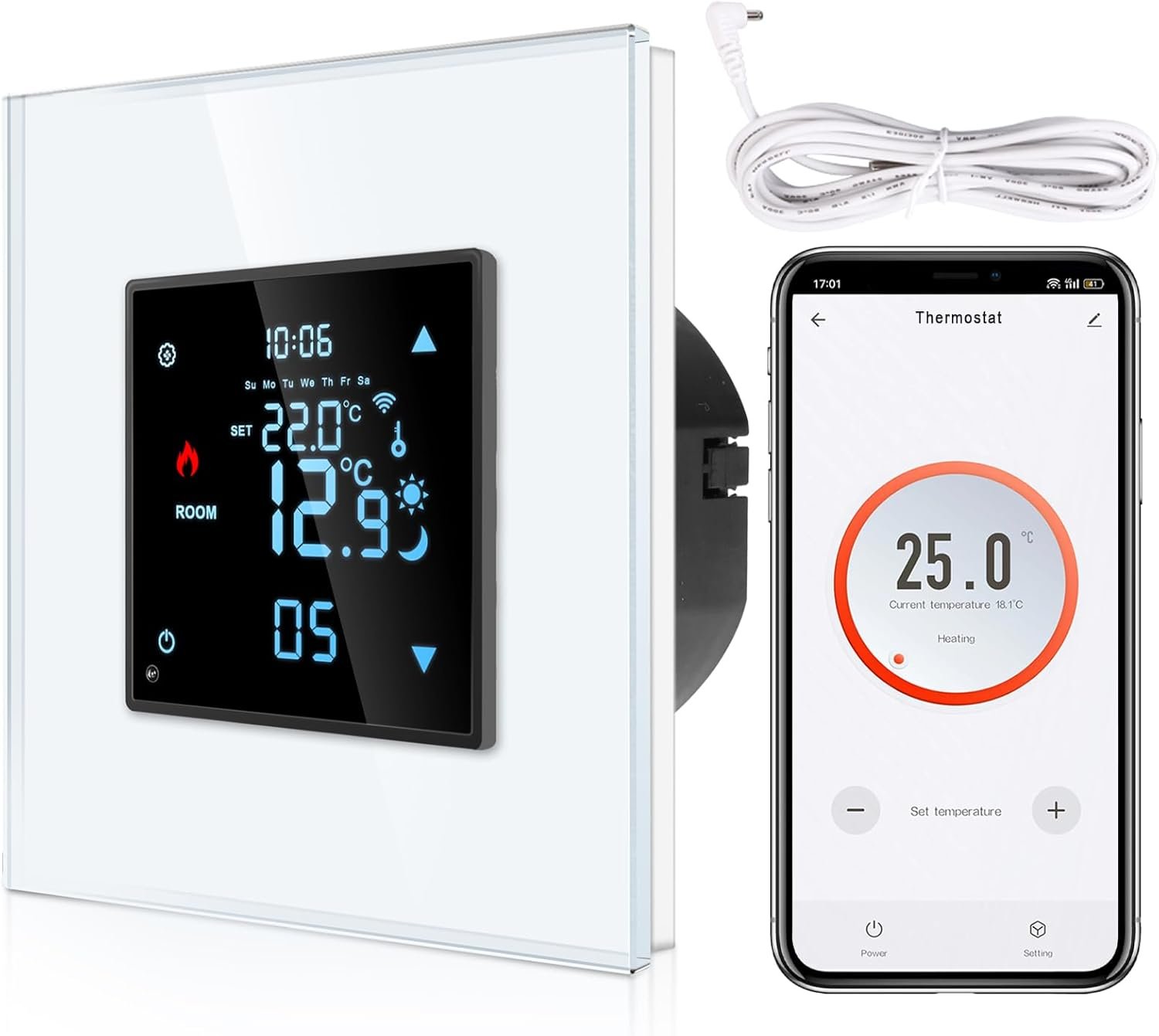 Cnbingo Smart Thermostat Interputz MIT Frotler, Digitaler Raumthermostat für Wasser Fußbodenheizungen und Kessel, Kompatibel Mit Alexa und Google Assistent, Sprachsteuerung, Weiß Mitglasrahmen