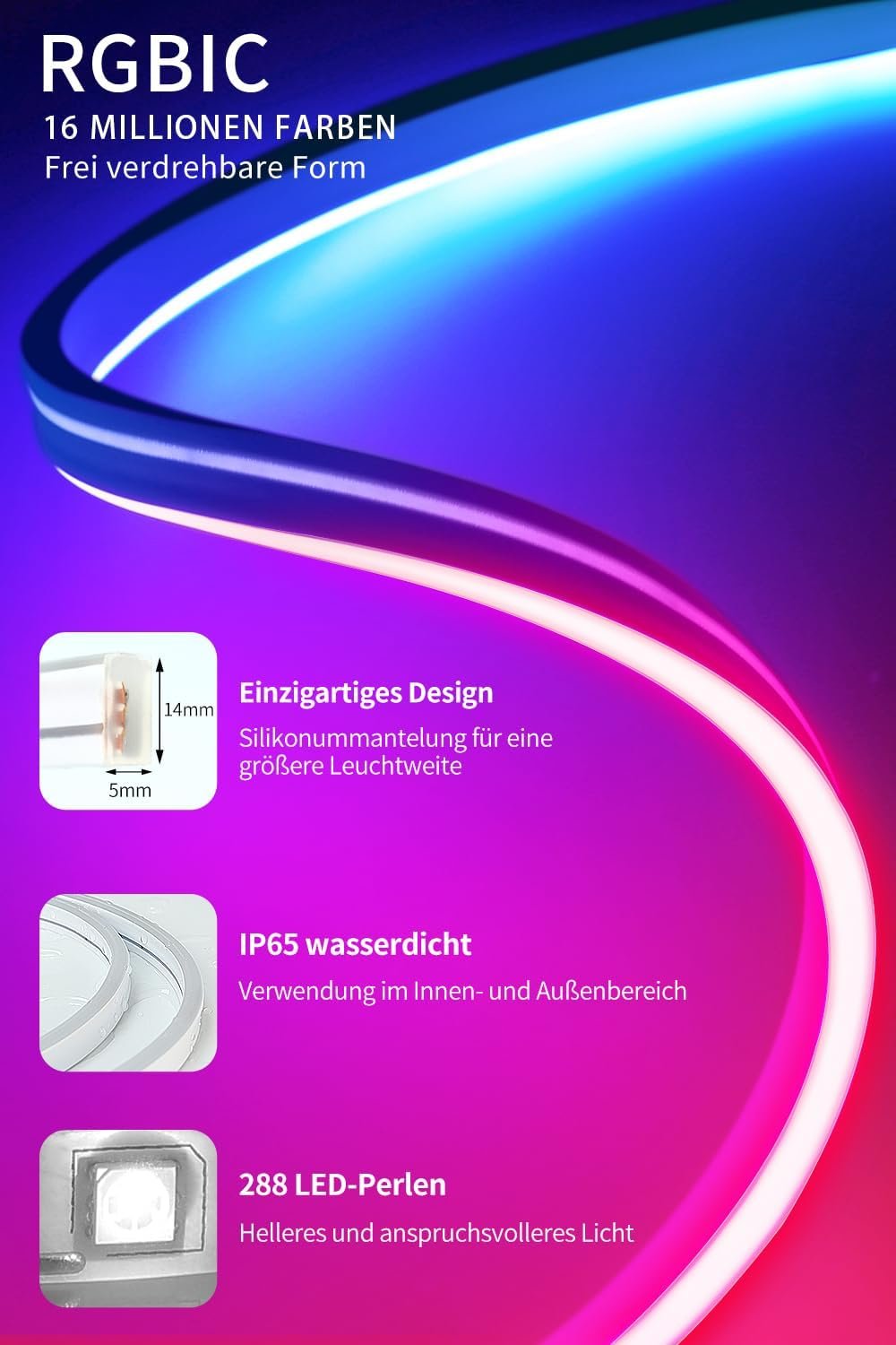 VKH Neon LED Strip 3M, Neon LED Streben MIT App-Steuerung, FunktionTerert MIT Alexa, Diy-Fungion, Musik Sync, Upgrade Neon LED Lichtband für Wohntzimmer, Schlaftzimmer, Wand Deko – Bild 7