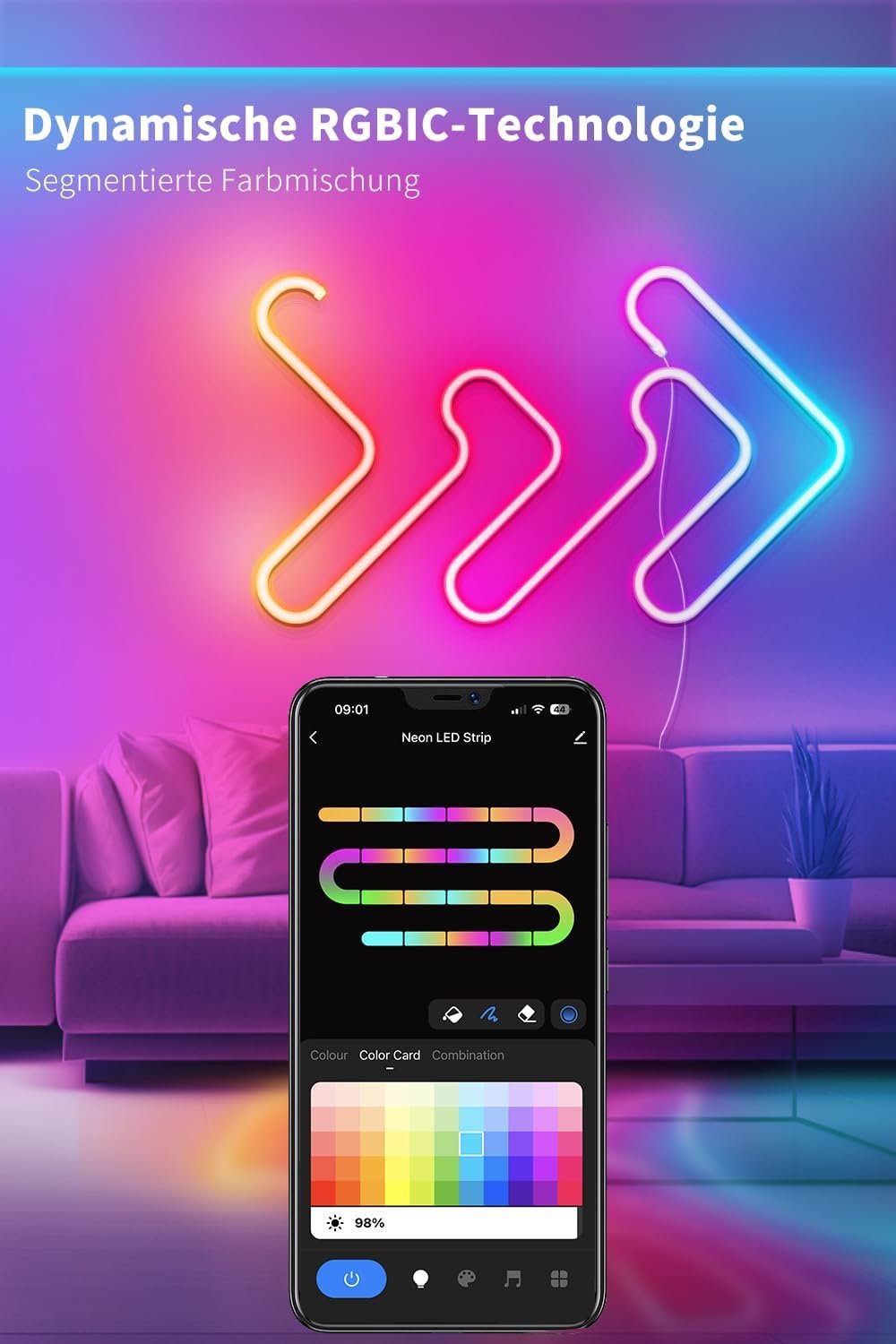 VKH Neon LED Strip 3M, Neon LED Streben MIT App-Steuerung, FunktionTerert MIT Alexa, Diy-Fungion, Musik Sync, Upgrade Neon LED Lichtband für Wohntzimmer, Schlaftzimmer, Wand Deko – Bild 3