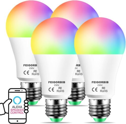 Feigorbib Alexa Smart Glühbirne E27, LED Lampe ersetzt 120W 1280 Lumen, kompatibel mit Alexa, Bluetooth -dimmbarem, warmem weißem, kühlem Weiß und mehrfarbig, kein Hub erforderlich, Pack von 4