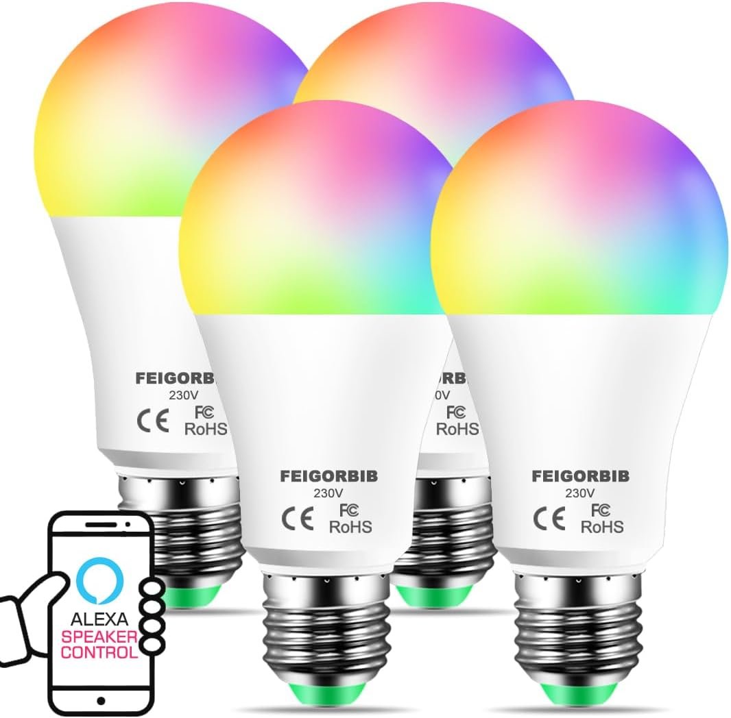 Feigorbib Alexa Smart Glühbirne E27, LED Lampe ersetzt 120W 1280 Lumen, kompatibel mit Alexa, Bluetooth -dimmbarem, warmem weißem, kühlem Weiß und mehrfarbig, kein Hub erforderlich, Pack von 4