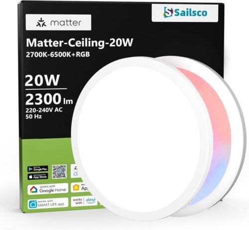 Sailsco Smart Led Deckenleuchte 20W, RGBWW WiFi LED Deckenlampe 2300LM, Smart Life App-Steuerung und Kompatibel Mit Matter/HomeKit/Alexa/Google Home, Dimmbar, SynchroniSierert MIT MUSIK, RUND, RUND, RUND, RUND, RUND, RUND