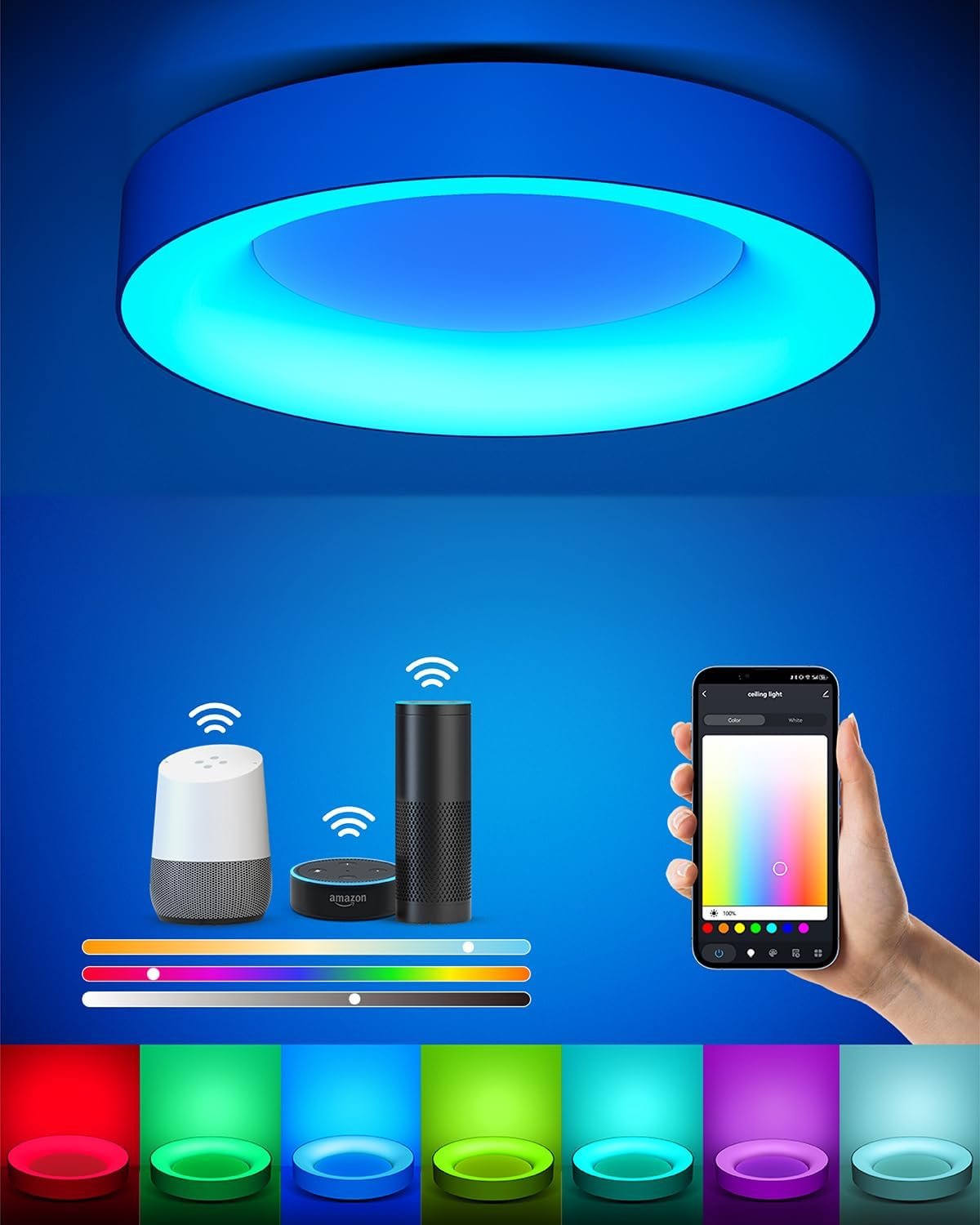 Matane Smart Led Deckenleuchte RGB Farbwechsel Dimmbar, 24W Deckenlampe MIT App Steuerung, 3000K-6500K Lampen Kompatibel Mit Alexa, Für Jugendtzimmer Wohntzimmer Schlaftzimm Kinderzimmer Rund Weiiß 28cm