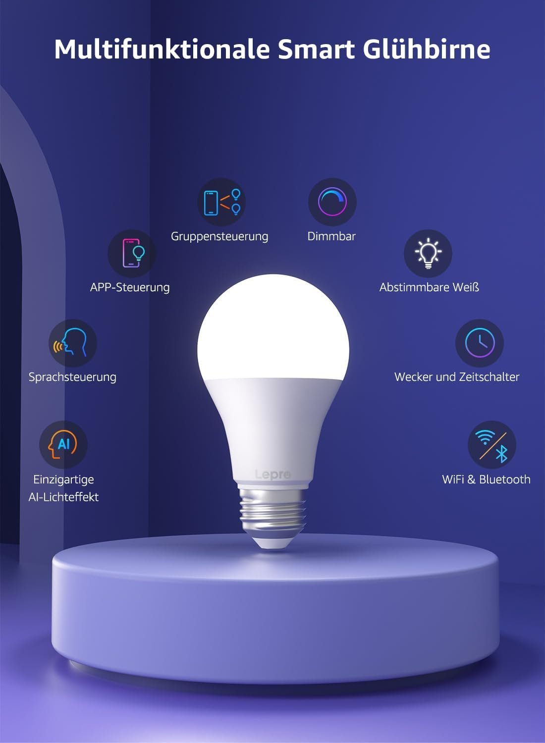 Lepro AI Smart Glühbirne B1, E27 Glühbirne 8.5W 806LM Dimmbar, Ki-lichtdesign-assistent, Sprachsteuerung/Musik-Synchronisation, Wifi & Bluetooth Smart Bulb, Kompatibel MIT Alexa/Google Assistant, 4 Stückk, 4 Stückk – Bild 6