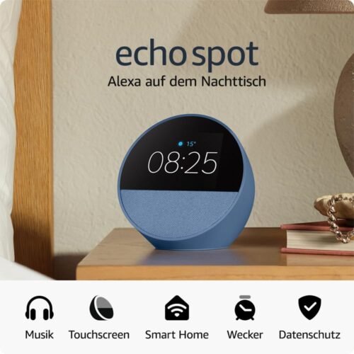 Amazon Echo Spot (2024), intelligenter Wecker mit Sattem Klang und Alexa, Blau