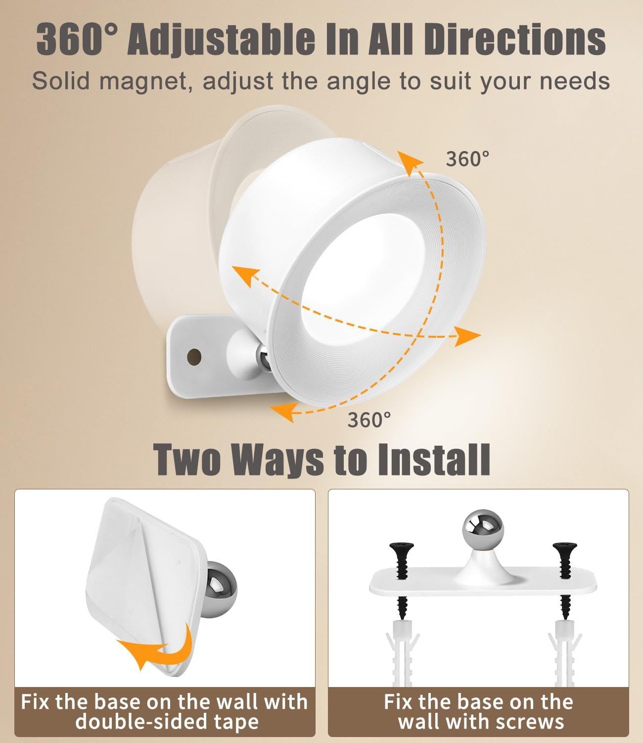 Yulado führte Wandhleuumpfte Kabellos 2 Stückes USB-Anschluss, Wandbeleiltung, 360 ° – Bild 3