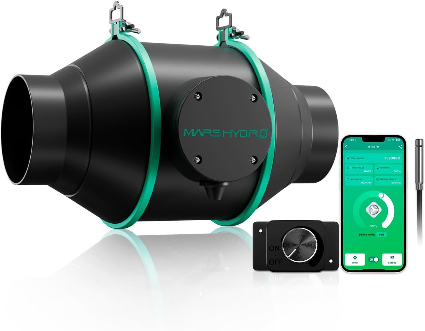 Mars Hydro Smart 4 Zoll Inline-Ventilator MIT Variable GeschwindigkeupsRegler, Temperatur und Luftfeuchtzeitsensor, Belüftungsventilator für Hydroponik Zelt wachsen Zelt