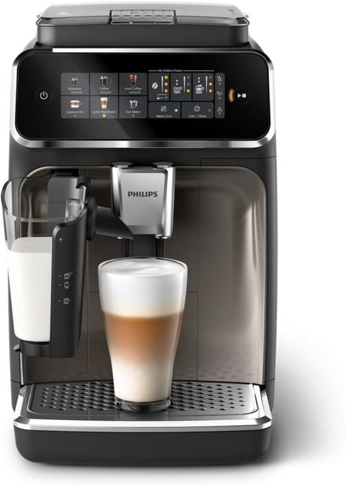 Philips 3300-Serie Kaffeevollautomat-6 GetRänke, Modernes Farb-Touchscreen-Display, Lattego-Milchsystem, Silentbrew, 100% Keramikmahlwerk, Aquaclean-Filter. Schwarzchrom (EP3347/90)