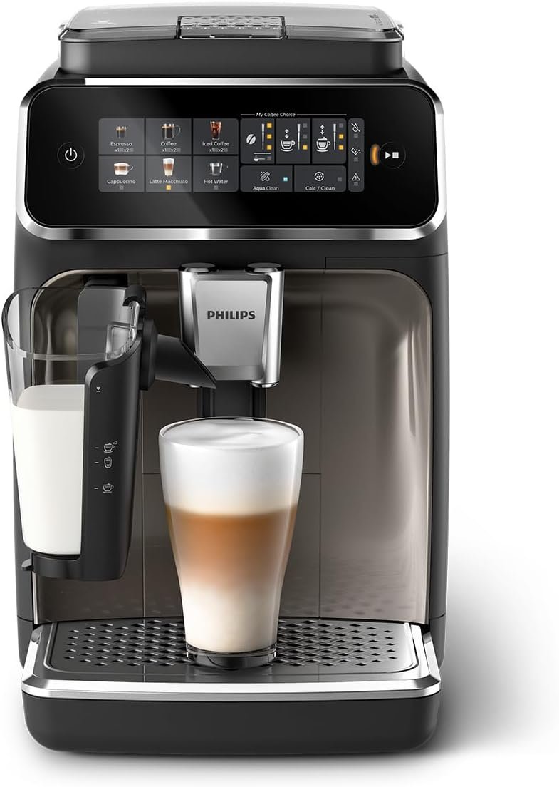 Philips 3300-Serie Kaffeevollautomat-6 GetRänke, Modernes Farb-Touchscreen-Display, Lattego-Milchsystem, Silentbrew, 100% Keramikmahlwerk, Aquaclean-Filter. Schwarzchrom (EP3347/90)