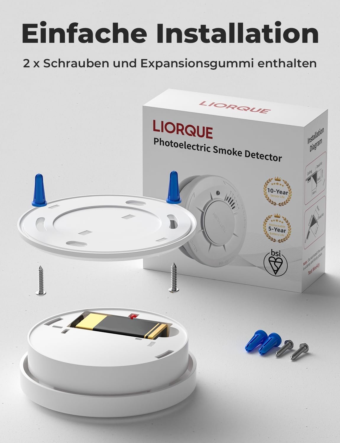 Liorque Rauchmelder, Rauchwarnmelder MIT Austauschbarer 5 Jahre Batterie, 10 Jahren Lebensdauer, EN14604 Zertifizerert, 85 dB, 2 Stückk – Bild 6