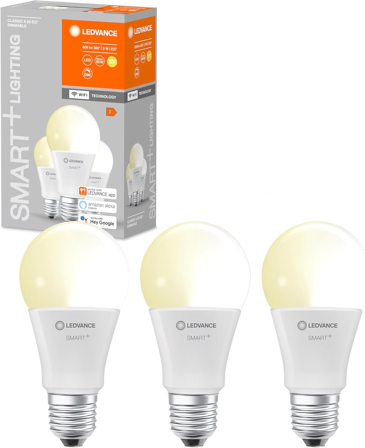 Ledvance Smarte LED-Lampe MIT WiFi Technologie, Sockel E27, Dimmbar, Warmweiß (2700 K), 60W-Ersatz, Smart+ WiFi Classic Dimmable, 3er-Pack