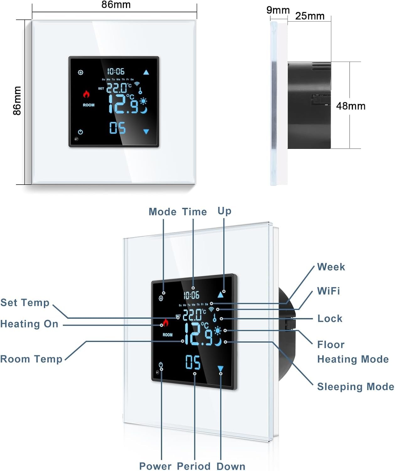 Cnbingo Smart Thermostat Interputz MIT Frotler, Digitaler Raumthermostat für Wasser Fußbodenheizungen und Kessel, Kompatibel Mit Alexa und Google Assistent, Sprachsteuerung, Weiß Mitglasrahmen – Bild 7