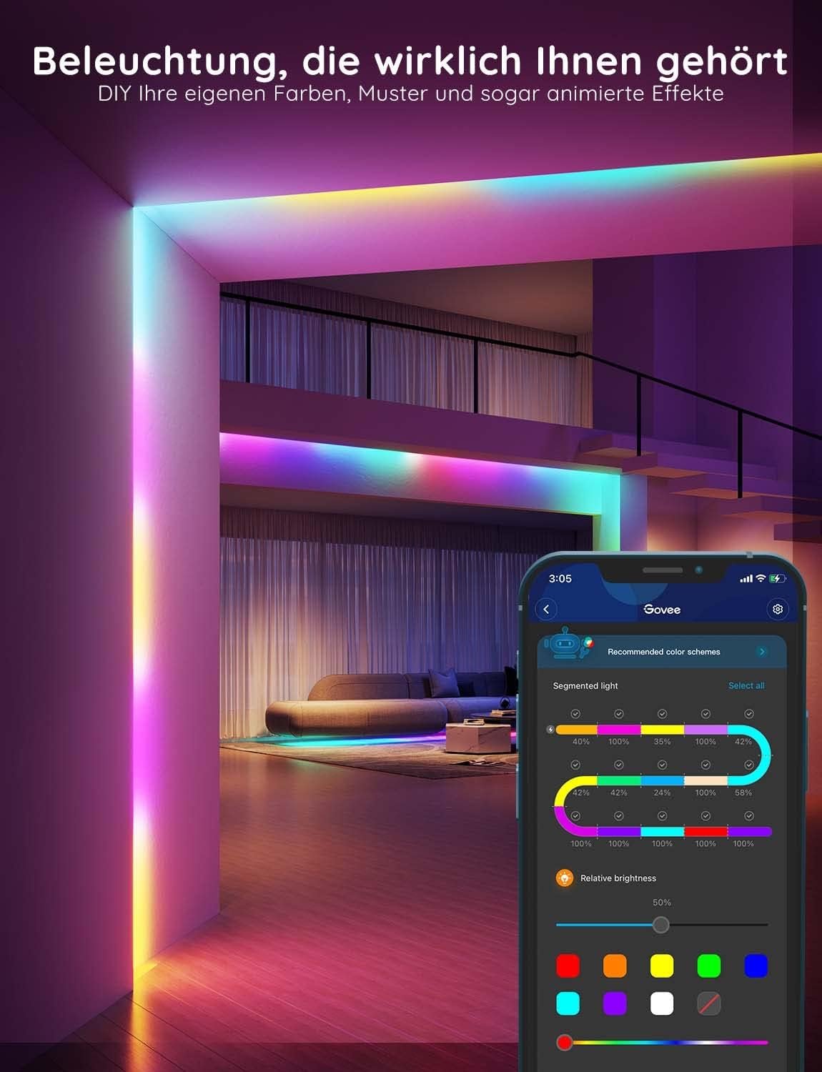 Govee LED Strip 5m, Smart RGBIC LED Streich Lichterkette Liste FunktionTerert MIT Alexa & Google Assistent, DIY SegmentSteuerung, App-Steuerung, Musik Sync, Deko Für Party, Zuhause, Schlafzimmer – Bild 2