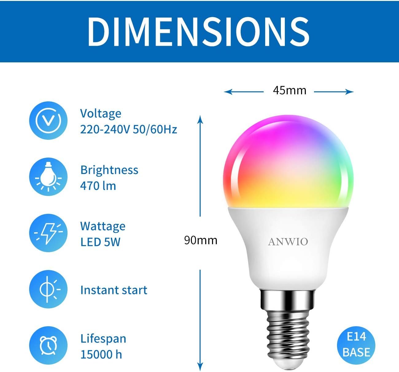 Anwio Alexa Smart Glühbirnen, E14 Wlan LED LAMPEN DIMMBAR GLUHBIRNE 5W 470LM+2700-6500K+RGB 16 MILEN FARBEN, APP Steuern Kompatibel Mit Alexa/Google Home, Bluetooth, Sprachsteuer, 2 Packs, 2 Packs – Bild 2