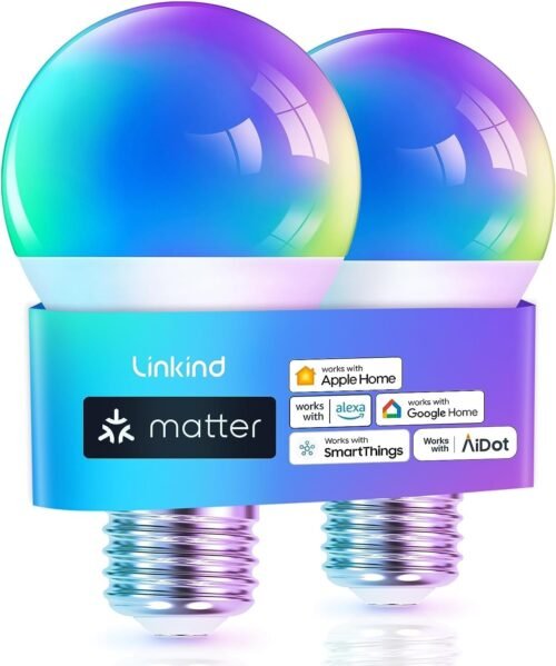 Linkind Matter Smart RGBTW Glühbirne, E27 Lampe Alexa, 45 Szenen & Muiksync, 16 Mio. Farben, Materie über 2,4 GHz WiFi, A60 LED BIRNE KOMPATIBEL MIT APPLE HOME/SIRI/SmartThings/Google Home, 2 Stückk