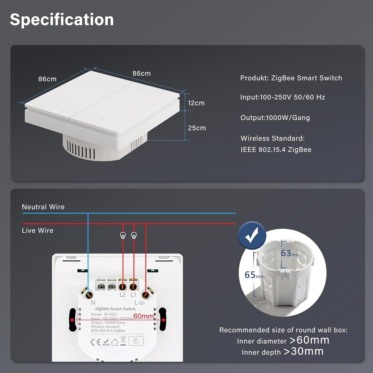 Mvava Zigbee Lichtschalter, Smart Wandschalter Alexa und Google Home Work MIT Tuya, 86mm Lichtschalter Interputz, Wandlich – Bild 2