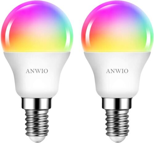 Anwio Alexa Smart Glühbirnen, E14 Wlan LED LAMPEN DIMMBAR GLUHBIRNE 5W 470LM+2700-6500K+RGB 16 MILEN FARBEN, APP Steuern Kompatibel Mit Alexa/Google Home, Bluetooth, Sprachsteuer, 2 Packs, 2 Packs